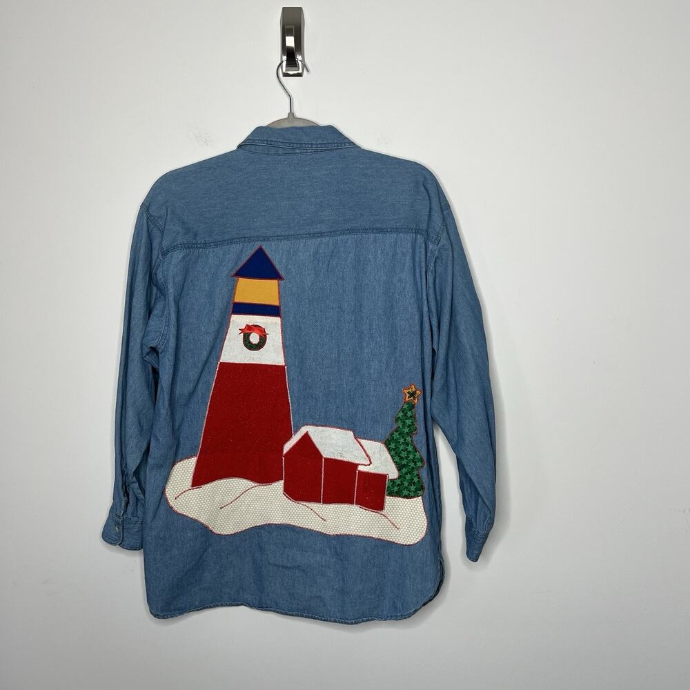 Amercian Rave Shirt Womens Medium Blue Denim Button Up Lighthouse Holiday Cotton